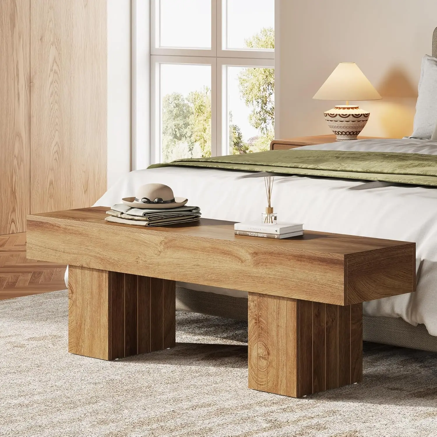 

55” Entryway Bench, Farmhouse Wood End of Bed Bench, Long Indoor Bench for Entryway, Hallway, Living Room