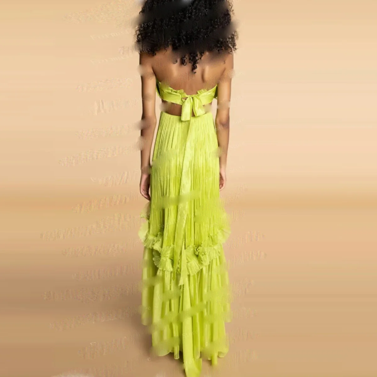 Neon Green Tulle Women Dress Ribbon Belt Floor Length Sexy Party Gown Backless Fashion Long Prom Gowns Layered Sleeveless