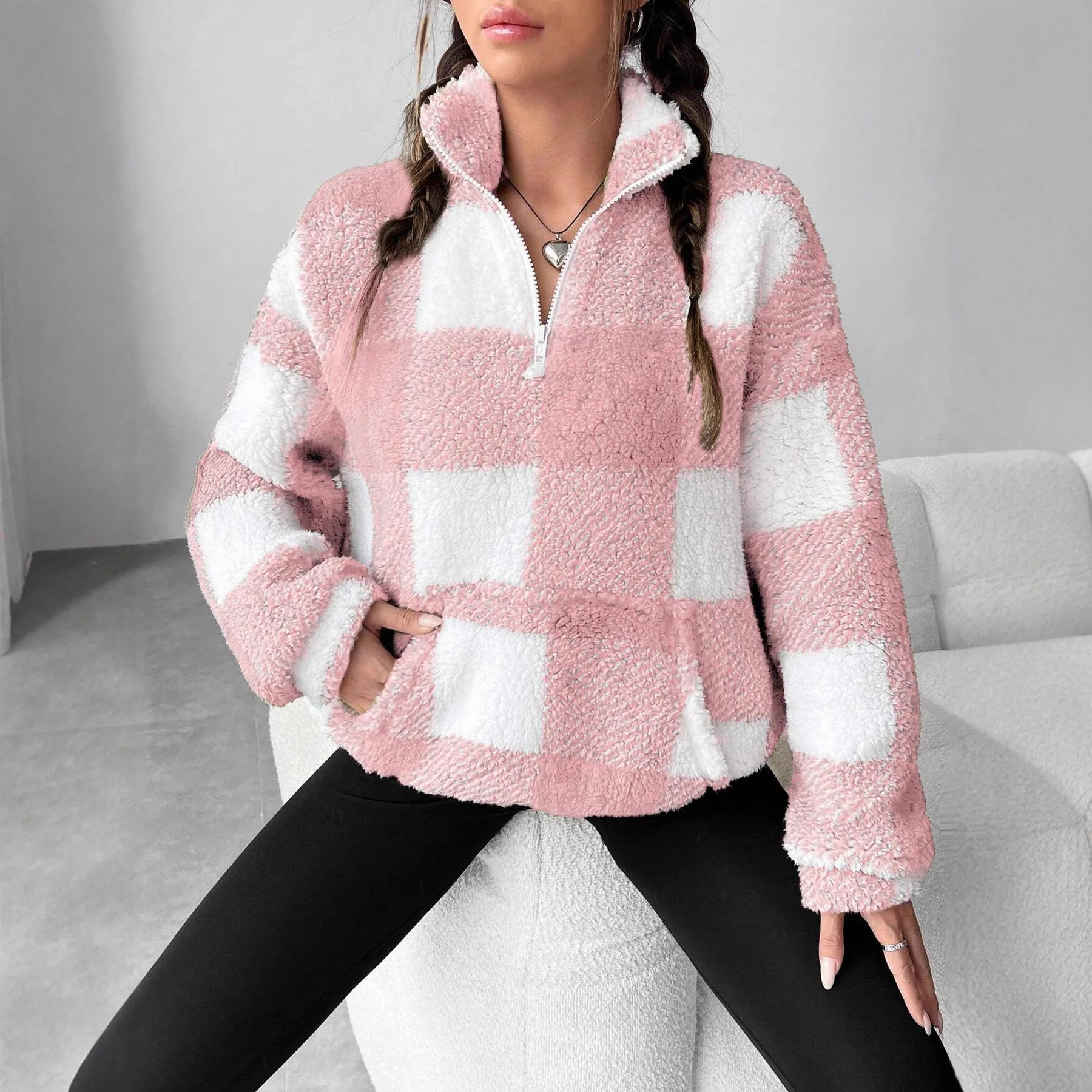 

Sweater Women Roupas Femininas Stand Collar Plush Winter Warm Pullover Women's Office Commuting All-match Pocket Zipper Sweater