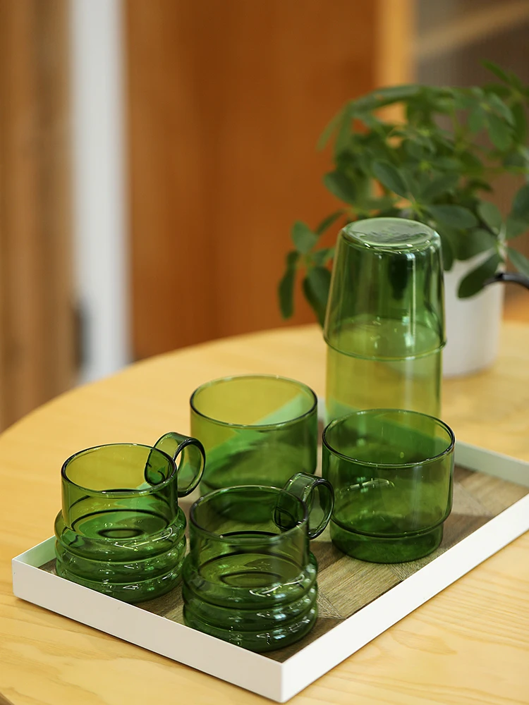 Green Glass Teacup Set for Home Office Use Heat-Resistant Glass Durable with Green Milk Mug Jug with Cup Coffee Mugs