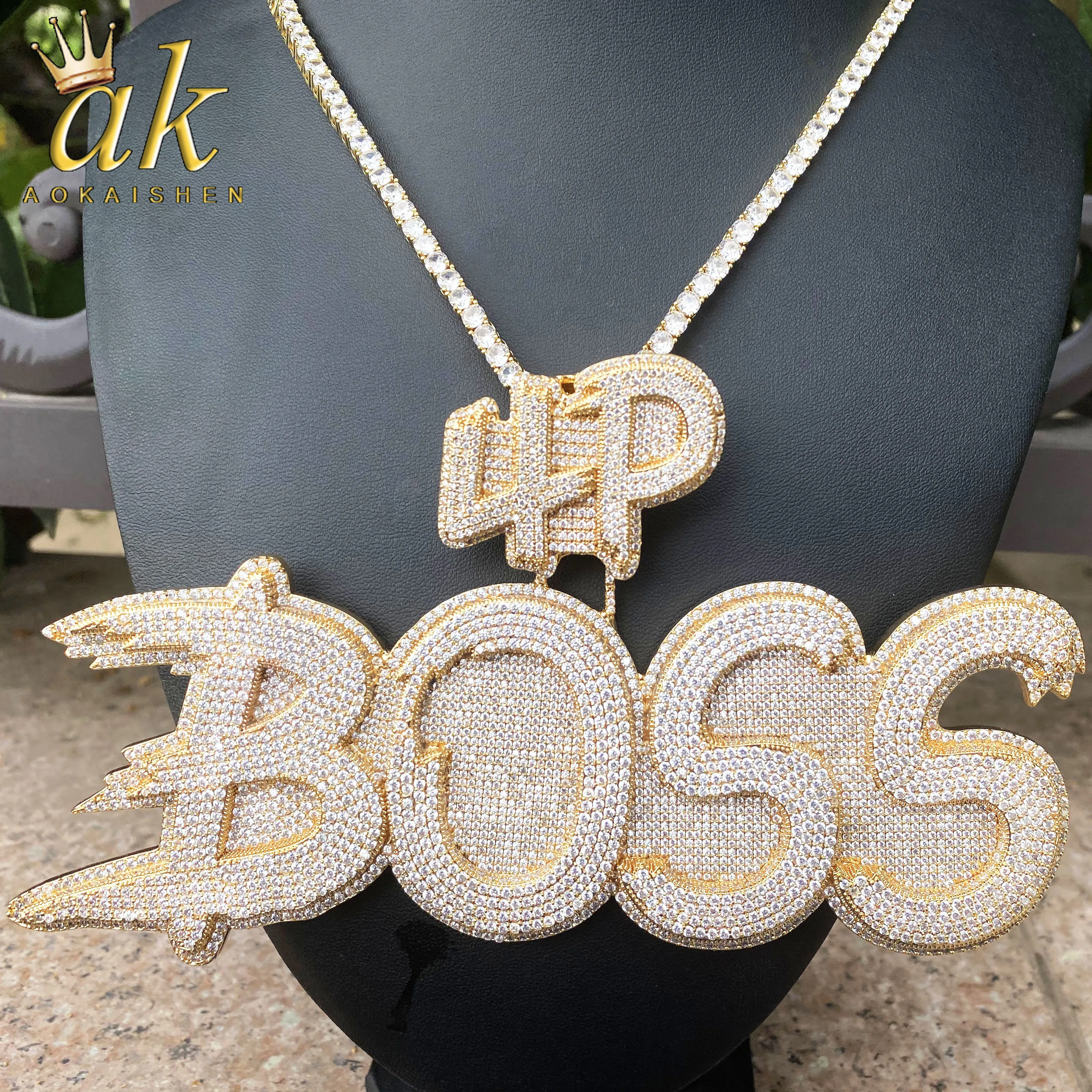 Aokaishen Iced Out Custom 2 sizes Name Necklace Pendant for Men Micro Pave Cubic Zirconia Hip Hop Jewelry