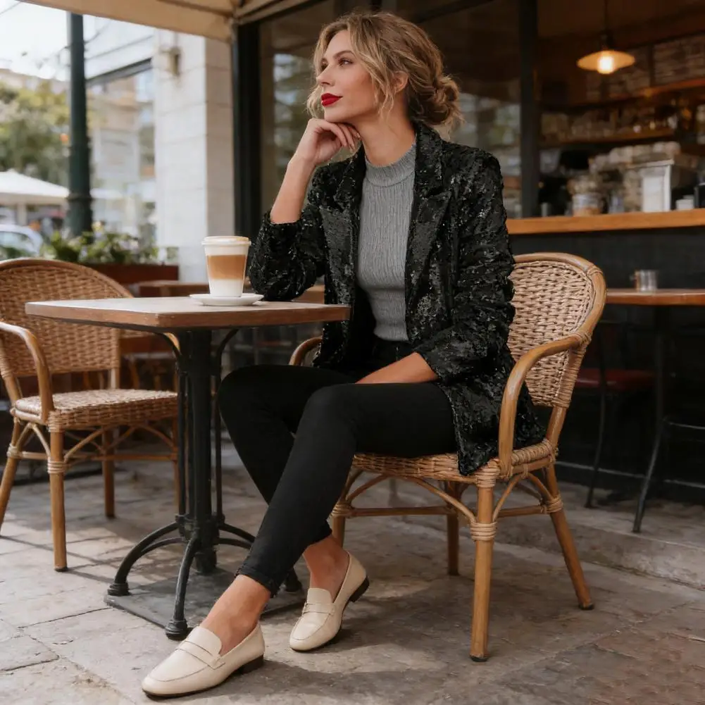 Women's Sequin Jacket Shiny Open Front Blazer Jacket Evening Party Sparkly Long Sleeve Cardigan Coat Lady Sequined With Pockets
