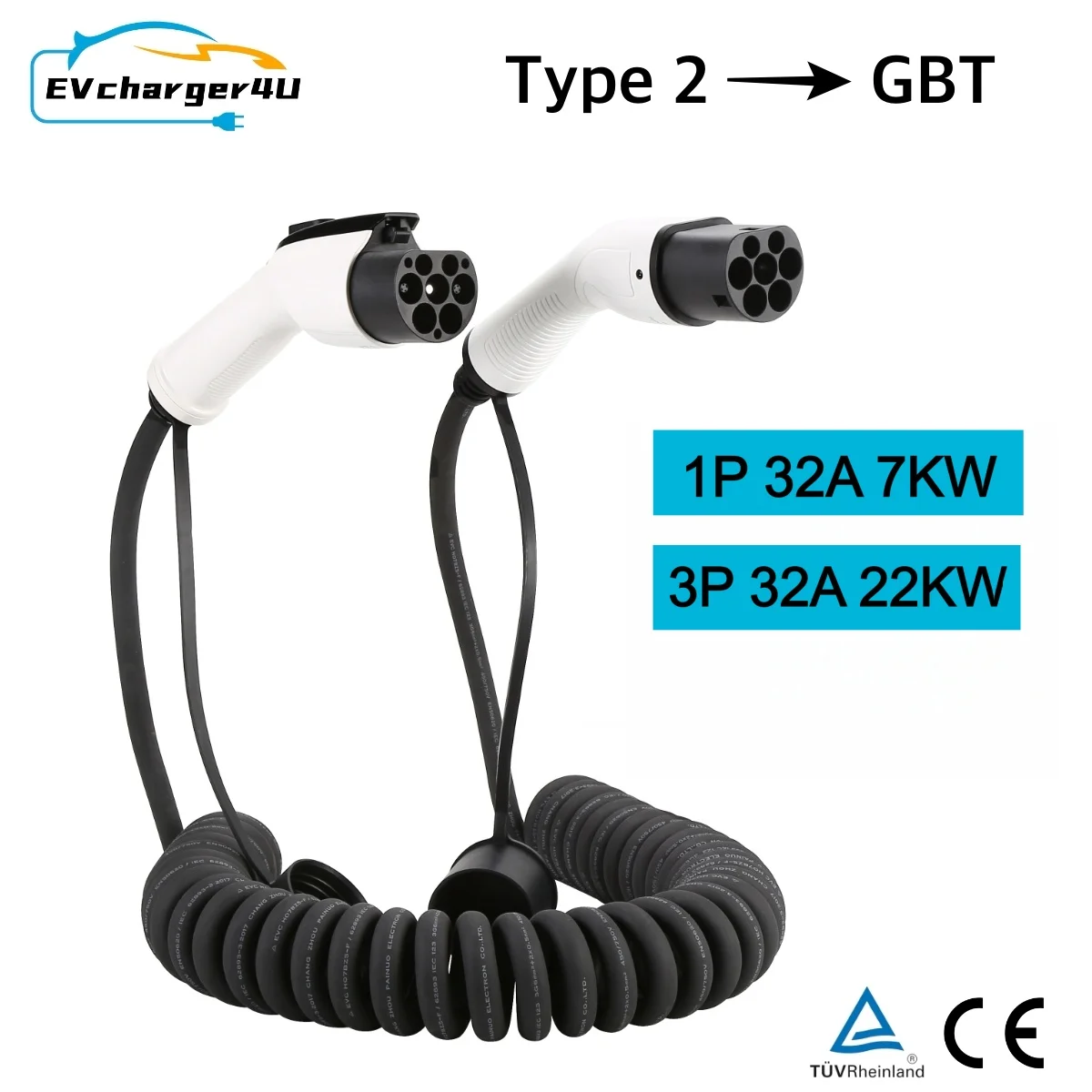 EVcharger4U IEC62196 Type 2 to GBT Spiral EV Charing Cable 1Phase/3Phase 32A 5M/7M Type2 GB/T Coiled EVSE Cable for Chinese EV