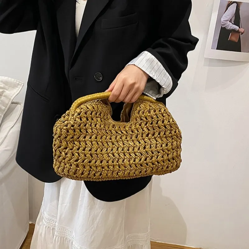 Elegant Luxury Woven Clutch Bag Large Capacity Simple Texture Women Handbag Straw Beach Bag Wallet Travel