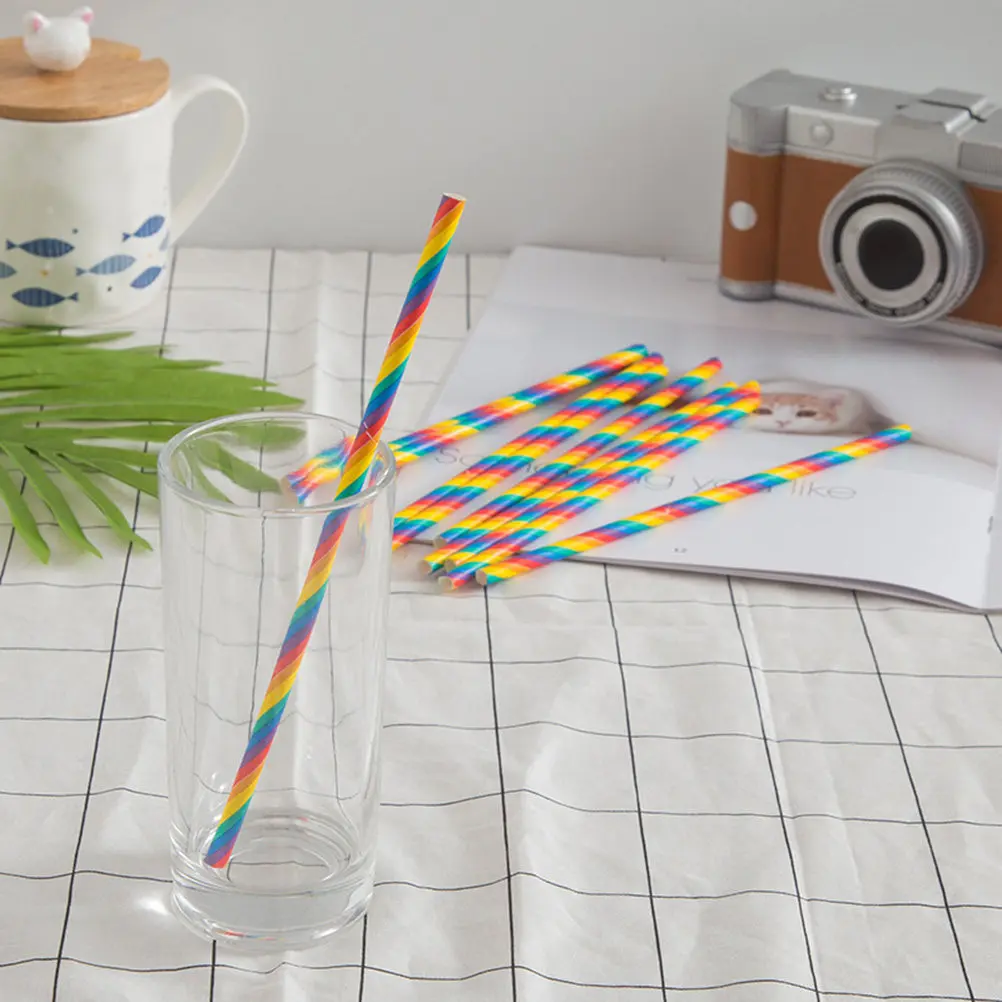 

100Pcs Wide Long Rainbow Paper Straws Biodegradable Eco Friendly Disposable Drinking Straws for Birthday Wedding Tea Party