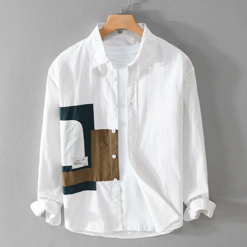 

Men's Long Sve Cotton irt Casual Sle Patchwork Color Blo Design Autumn New Faion Japanese Retro Feel Loose Fit irt