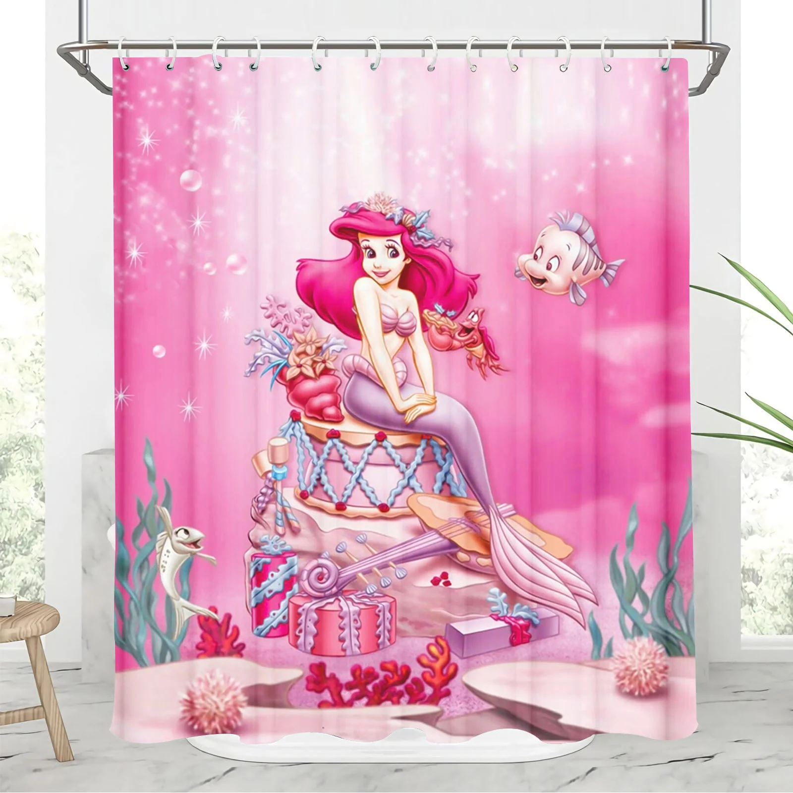 

Disney-Little Mermaid Bath Curtain and Toilet Accessories Cute Shower Full Sets Luxury Anime