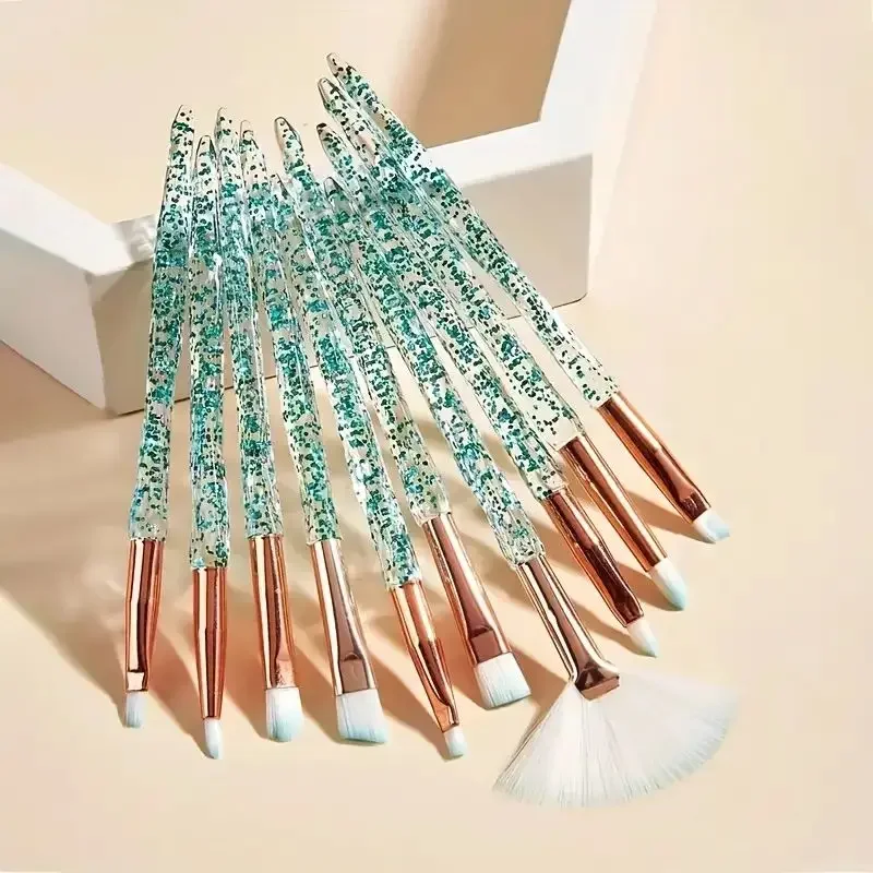 Conjunto de pincéis de maquiagem com alça de glitter elegante, 10 peças, mistura facial profissional, blush, sombra, delineador, pincéis cosméticos labiais