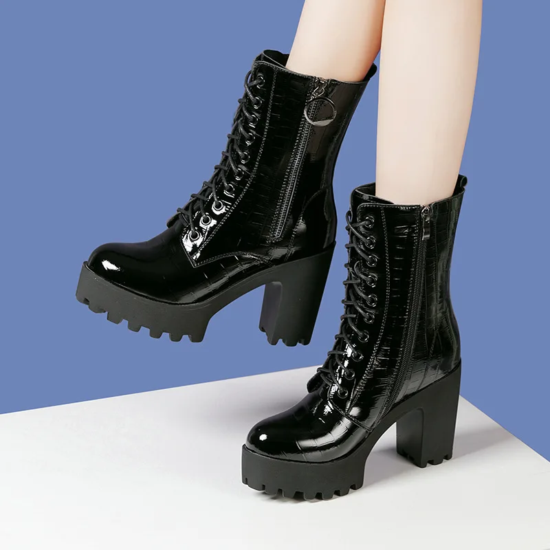 

Элегантные туфли на массивной платформе 8 см 10 см, женские ботинки из натуральной кожи, зимние мотоциклетные ботинки до щиколотки на блочном высоком каблуке 2025 г.