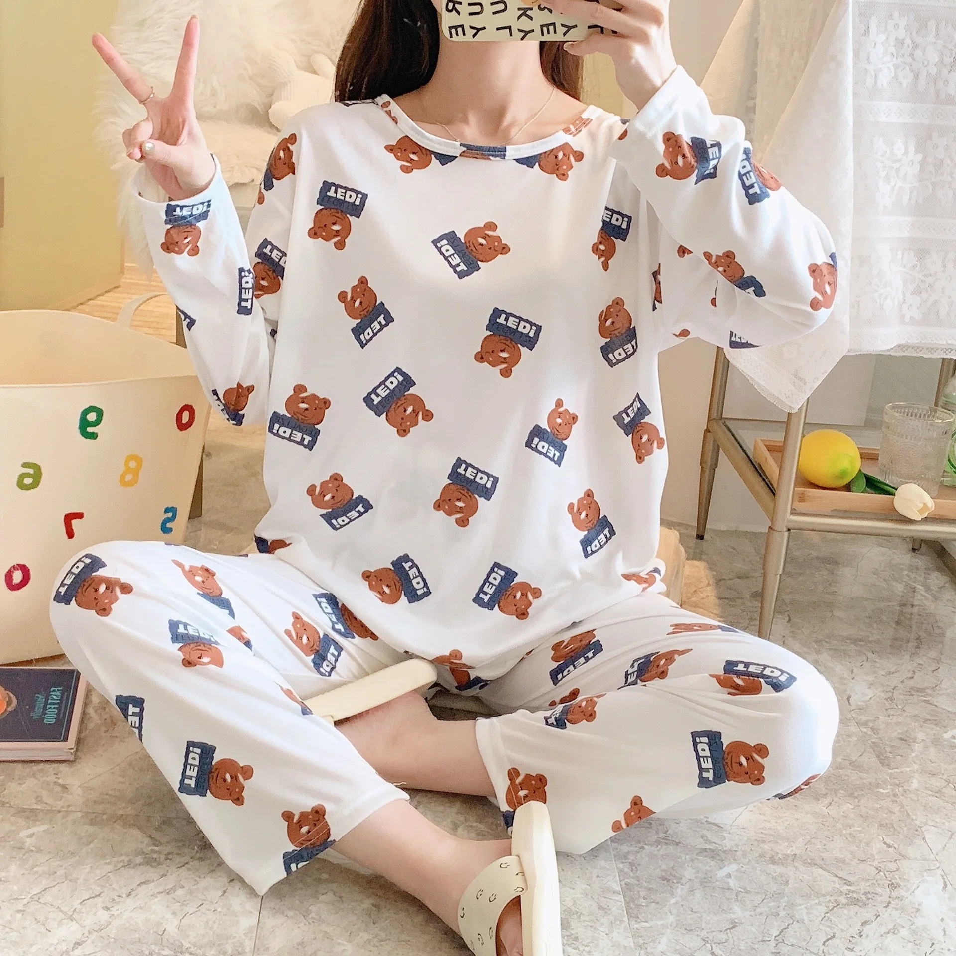 2PCS/Set Women\'s Clothes Spring and Fall Pajamas Long-Sleeved Cartoon Cute Sweet Floral Young Girl Homewear Outside Loungewear