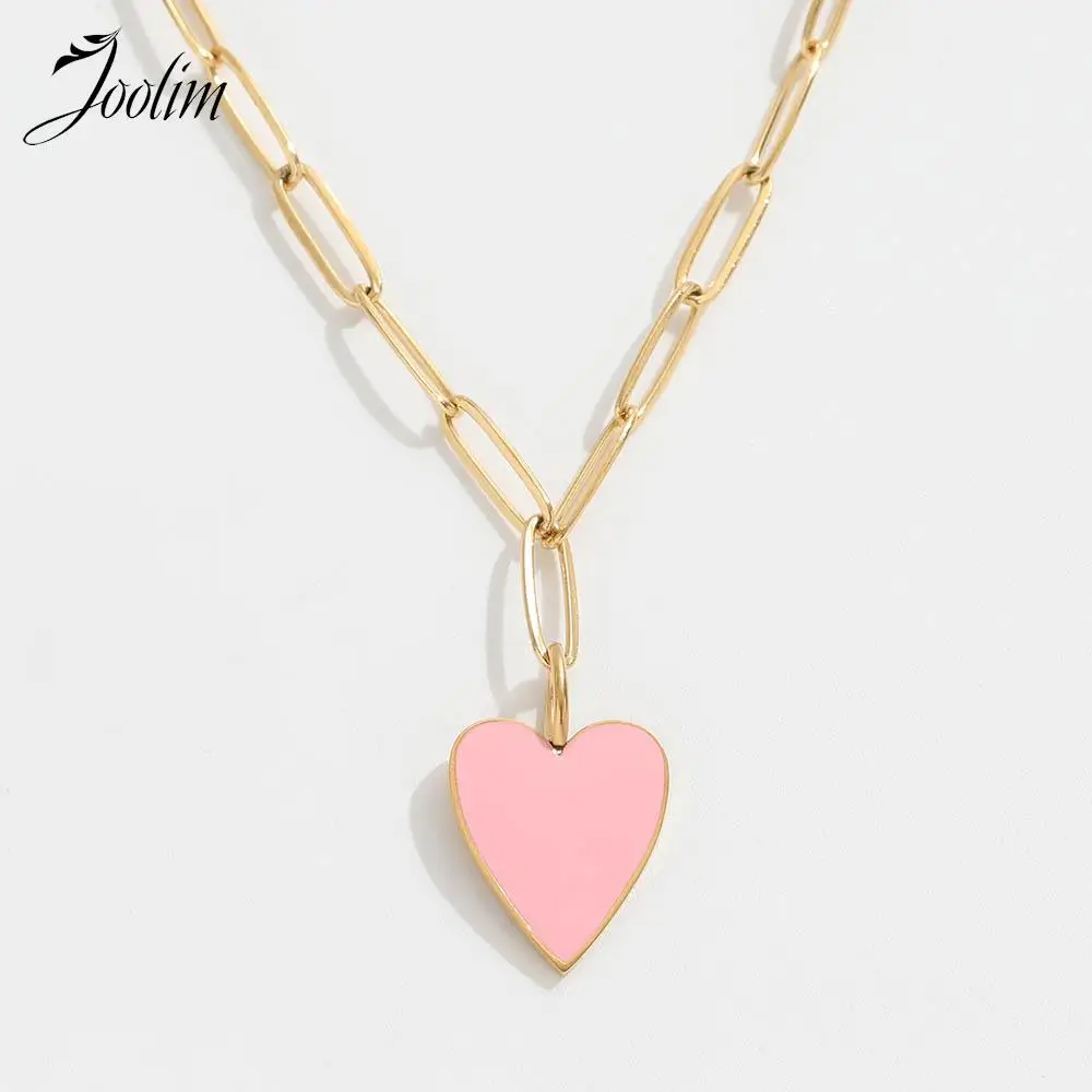 

Joolim Jewelry High End PVD Wholesale Tarnish Free Romantic Pink Peach Heart Sweater Chain Stainless Steel Necklace for Women