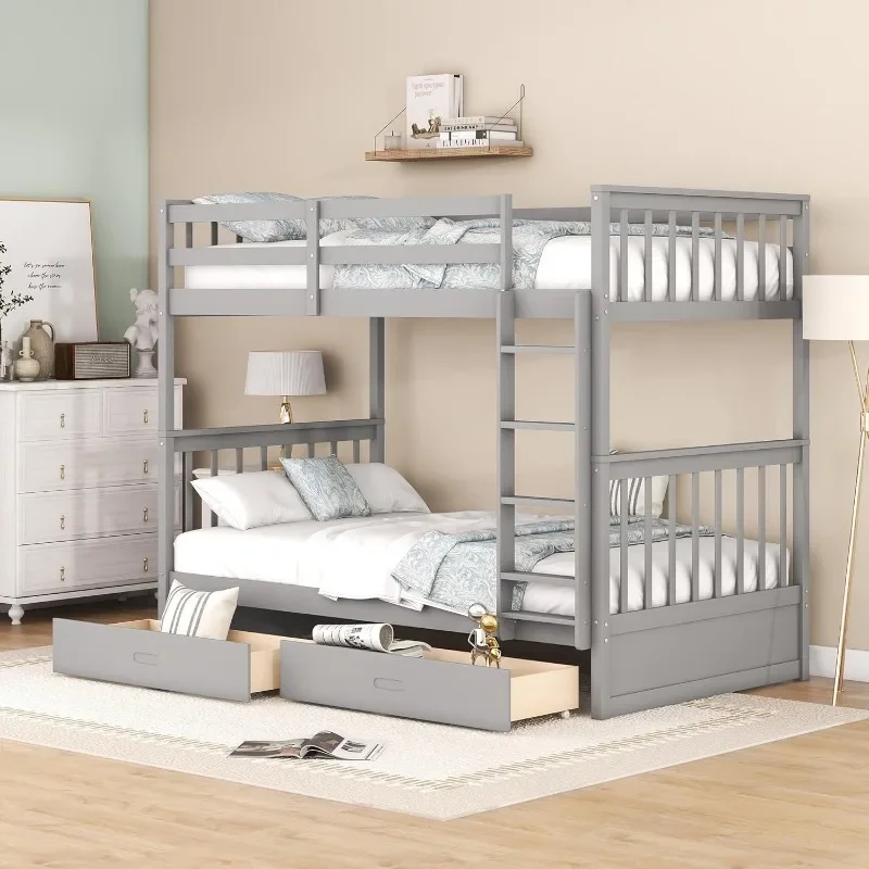 Convertible Wood Bunk Bed with Ladder and Two Storage Drawers, Solid Wood Removable Bunk Bed Frame with Ladder