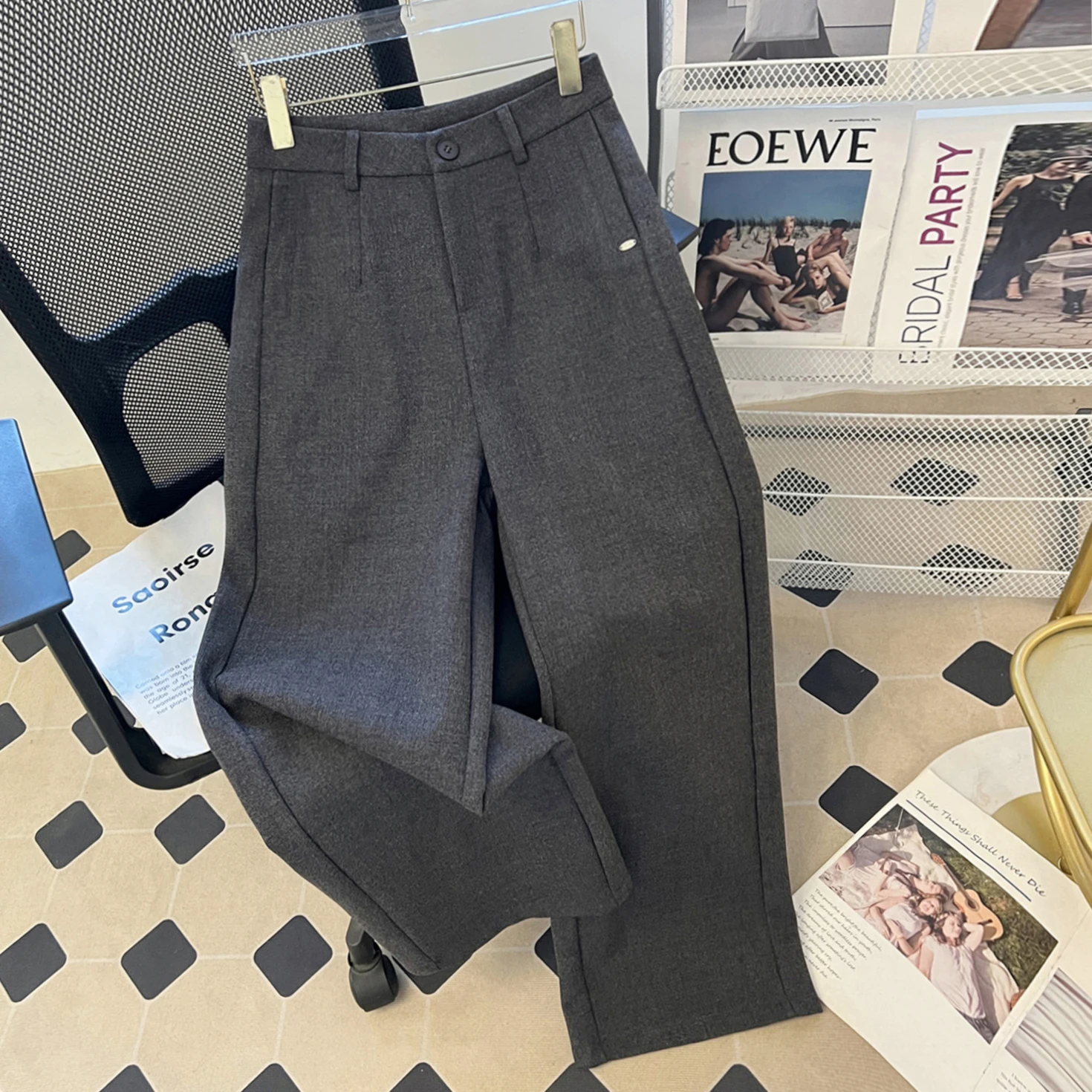 

Женские брюки с высокой талией, широкими штанинами и прямым кроем, универсальные, теплые, осенне-зимние, модные, струящиеся, стройнящие