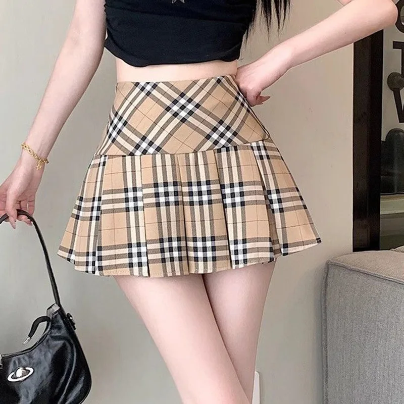 Summer Chic Korean Lady Thin Wrap Hip Skirts Female Retro High Waist A-line Skirts Women Fashion Plaid Designer Skirts