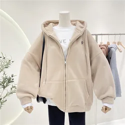 Autumn New Fleece Sweatshirt  Women Solid Color Embroidery Smile Long Sleeve Loose Hooded Coat Lady Casual Hoodies