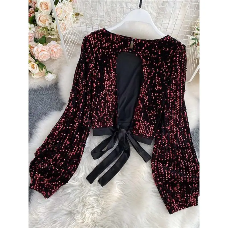 Camicetta da donna Faion con fiocco e paillettes, casual, vestibilità rigida, con nodo, in cotone, caldo, lunghezza sei Sve