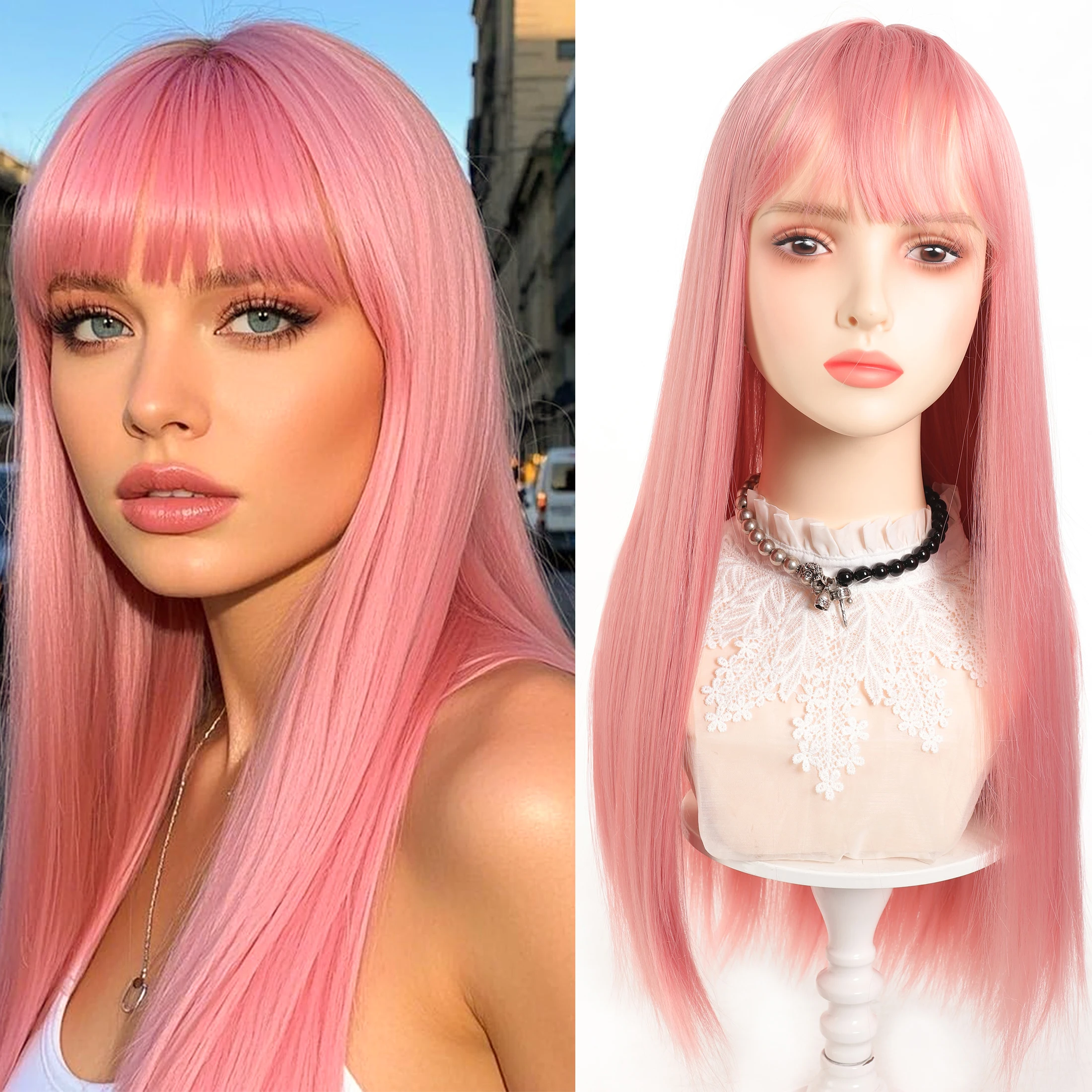 

Long Pink Wigs for Women, 26 Inch Pink Hair ig with Bangs for Daily Party Use