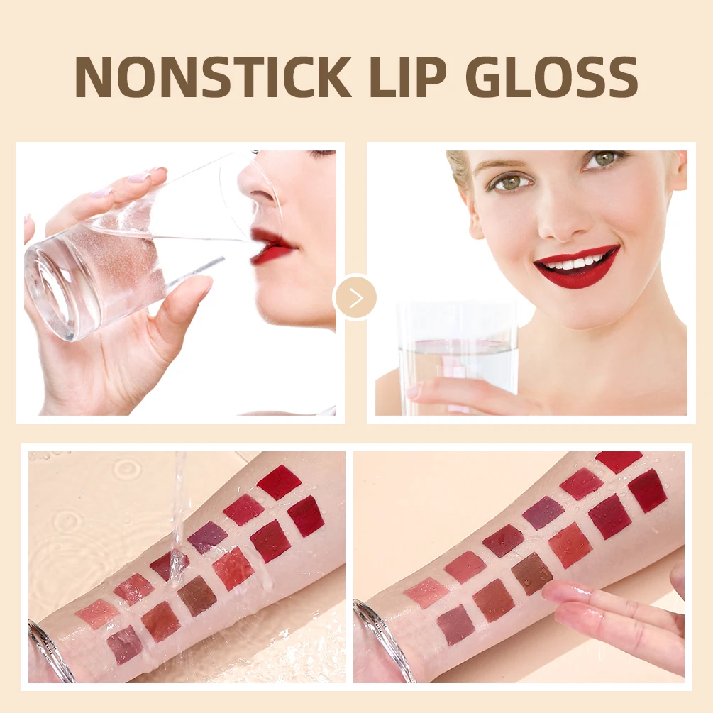 QIBEST-Brillo de labios rojo mate para mujer, lápiz labial líquido de terciopelo de larga duración, maquillaje de labios, taza antiadherente de