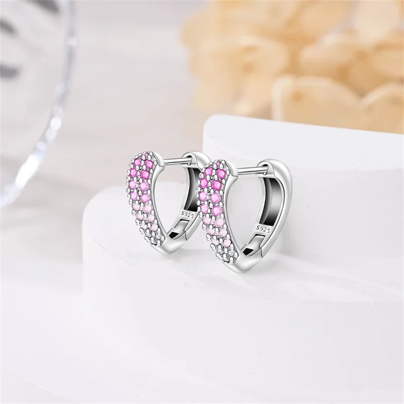 Original 925 Sterling Silver Pink Gradient Heart-Shaped Hoop Earrings Sparkling CZ Zircon Earrings Women Birthday Jewelry Gifts view 3