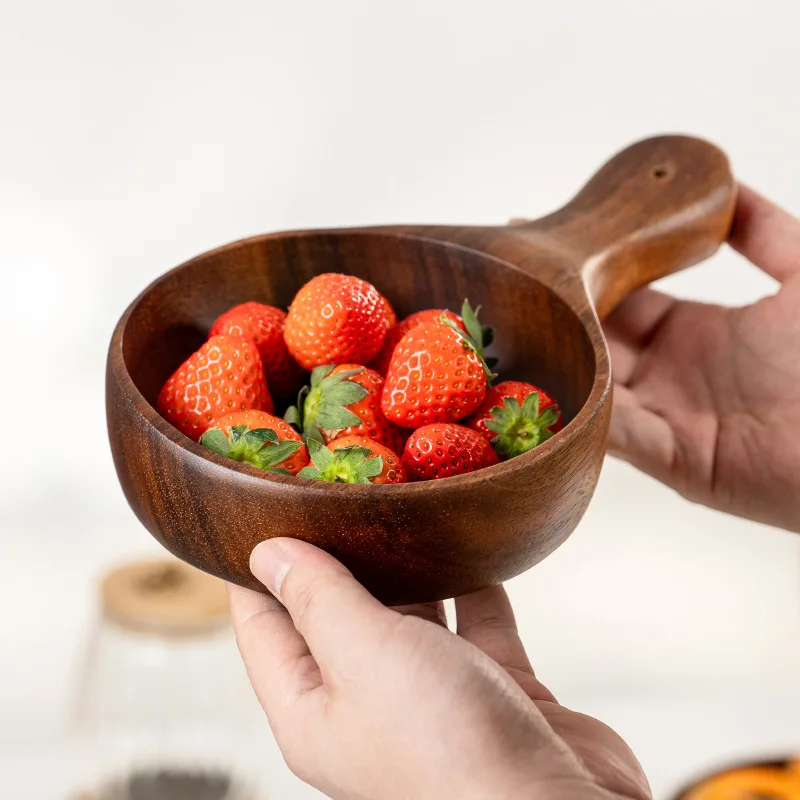 Japanese Style Zelkova Wooden Bowl Set with Handle for Salad Fruit Pickle Soup Noodle Large Soup Ladle