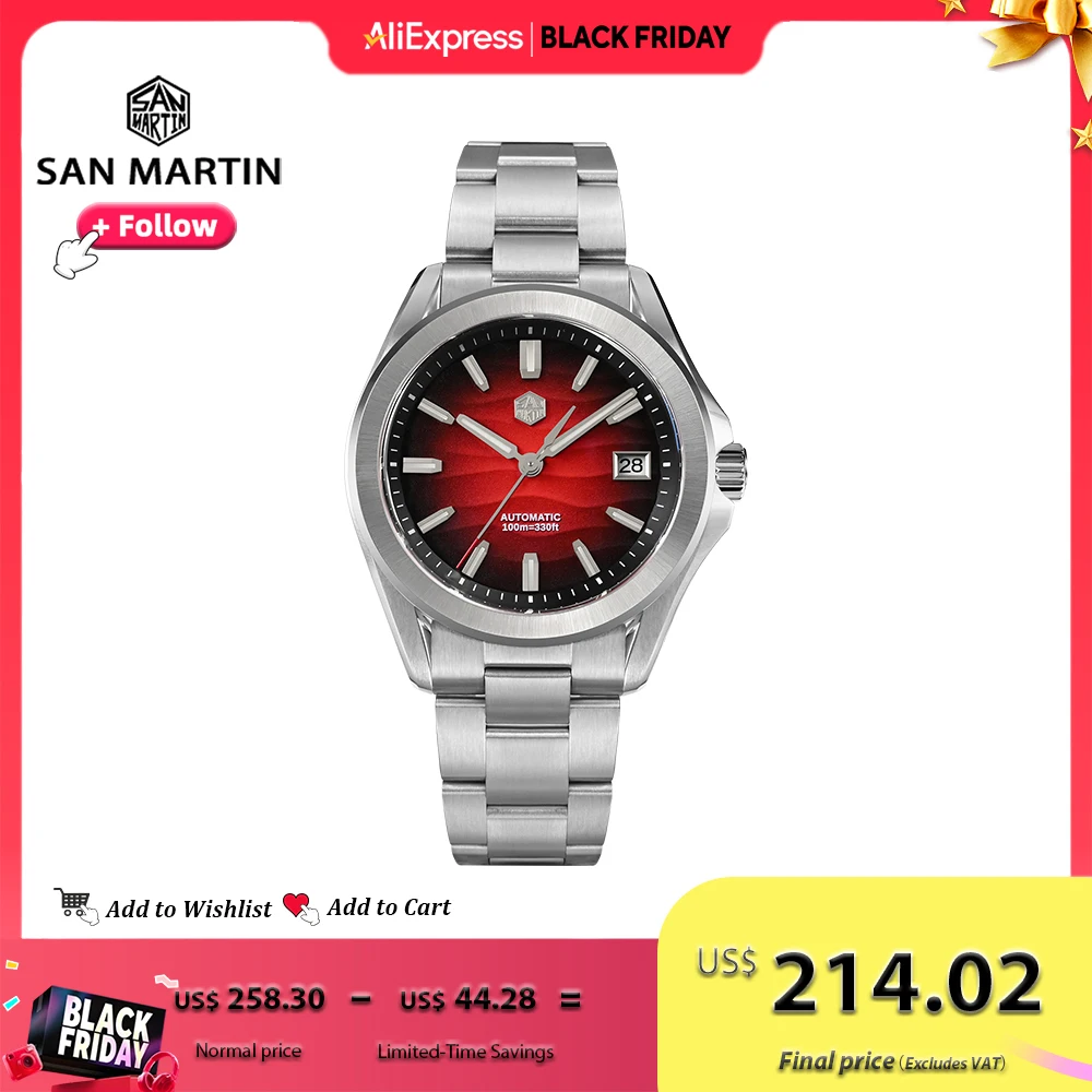 

San Martin Роскошные спортивные стильные автоматические механические часы с текстурным циферблатом для мужчин с сапфировым стеклом, водонепроницаемые, 10 бар, светящиеся SN0129G