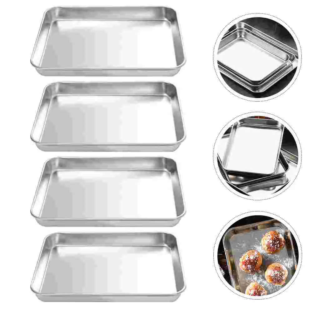 4 Pcs Stainless Steel Bakeware Home Storage Tray Kitchen Plate Food Trays Bread Pan Square Container for Banquet Containers
