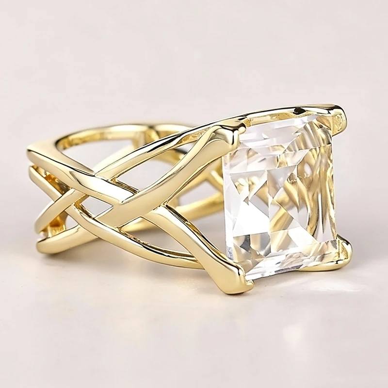Huitan Ring mit hohlem Kreuz-Design für Damen, goldfarben, mit leuchtend weiß/blauem CZ, modisches Hochzeitszubehör, eleganter Partyschmuck – Detail 6