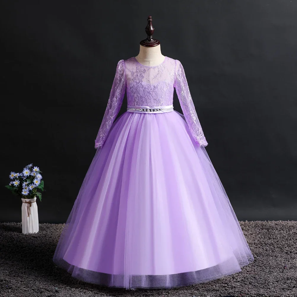 Vestido de manga larga para niña, falda de encaje para fiesta de boda, Vestidos de actuación, 6 colores, 120cm-170cm