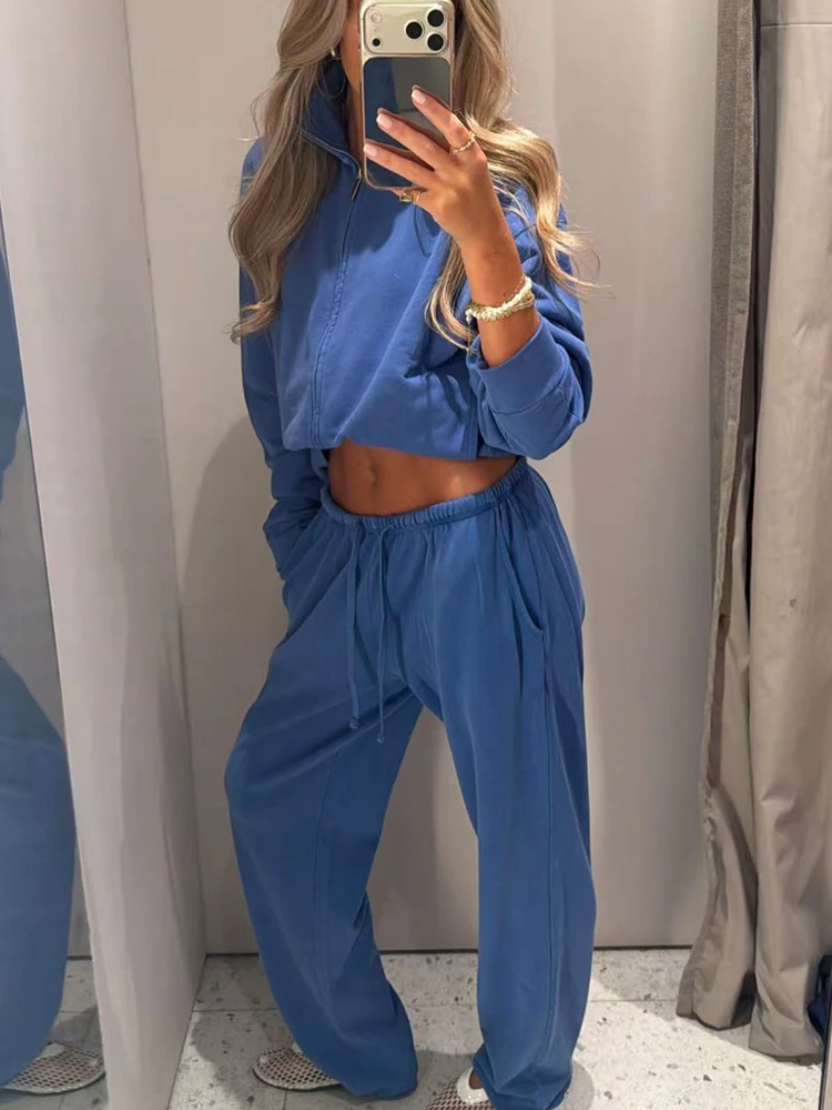 2026 New Women Trousers Set Zipper High Collar Jacket Top High-waisted Elastic Waist Straight Pants Ladies Casual Chic Suit