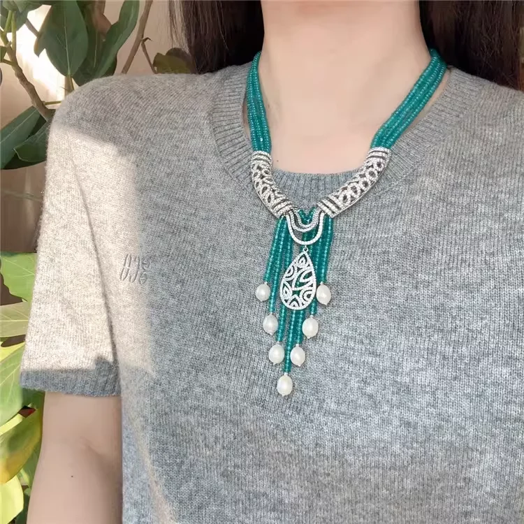 

3 Strands 20'' Green Jade Statement Necklace CZ Pave Pearl Pendant