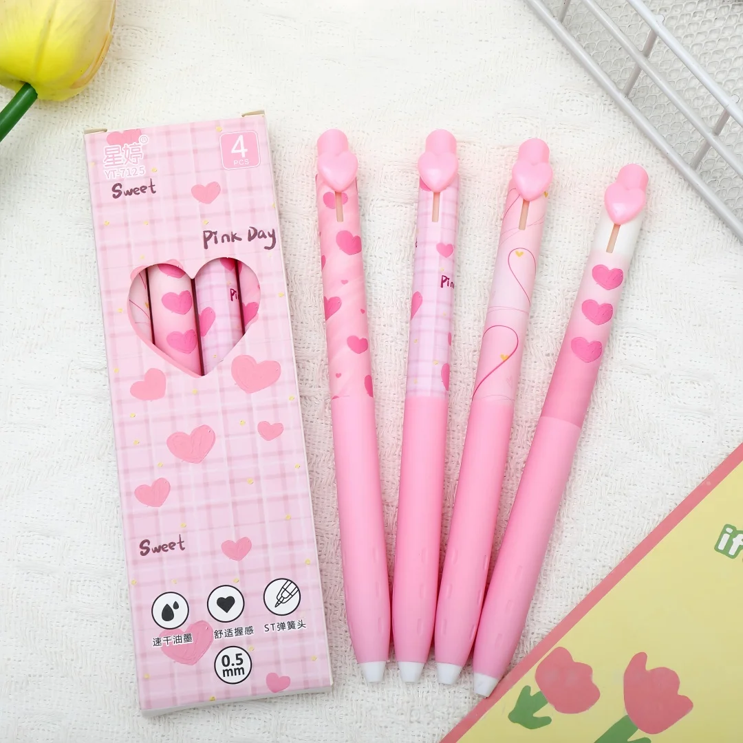 

4 шт./упак. быстросохнущие шариковые ручки с розовым сердечком и бабочкой-тонкий кончик, канцелярские принадлежности для студентов, подарок для школы