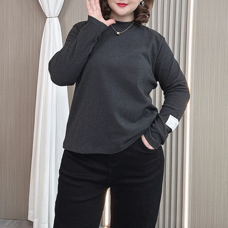 XL XXL Women T-Shirt Autumn/Winter Long Sleeve Basic Tops 2024 New Fashion Loose DE Velvet Fabric Warm Casual Tees 88089