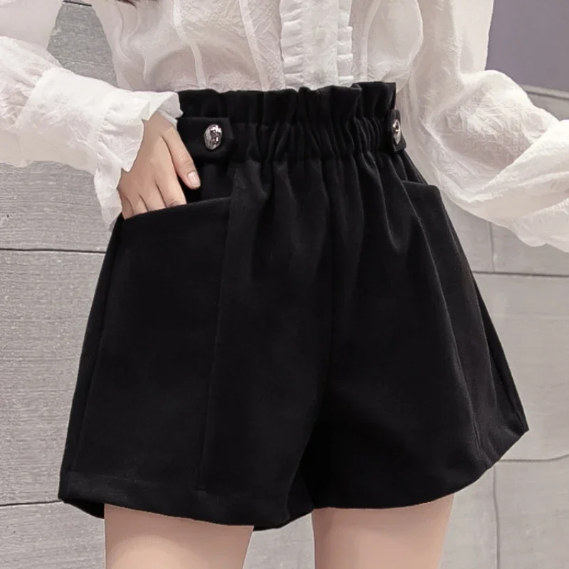 

Woolen Shorts Women Chic Folds High Waist Design Loose Autumn Winter College Vintage Streetwear Lovely Female Classy Basic E1305