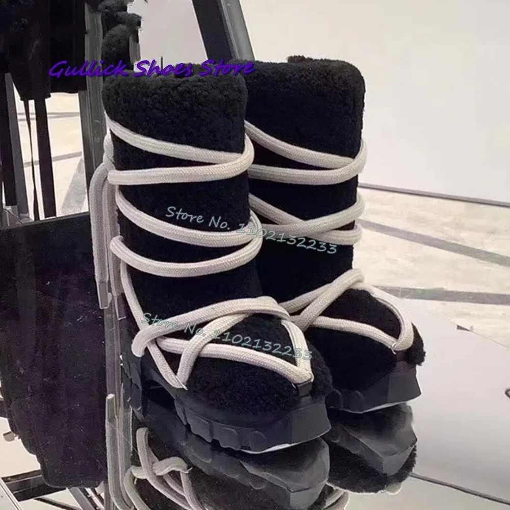 Women Black Plush Thick Sole Snow Boots Fur Cross Strap Man Winter Fashion Warm Dress Daily Black New Women Outwear Shoes