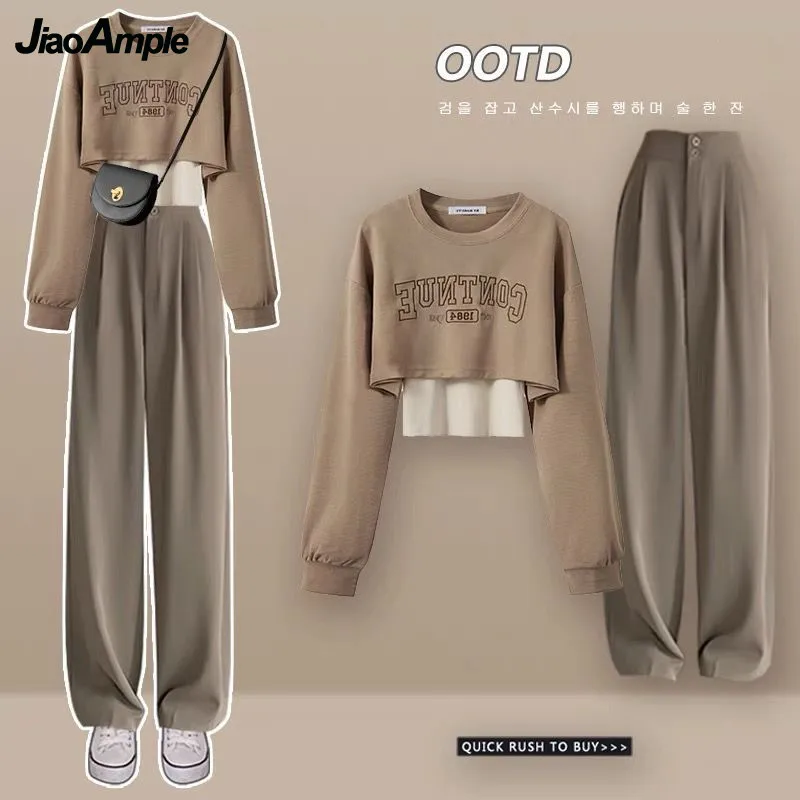 2024 Spring Autumn New Fashion Short Sweater+Suit Pant Set Women's Sportswear Korean Chic Fake Two Piece Tracksuit Matching Sets