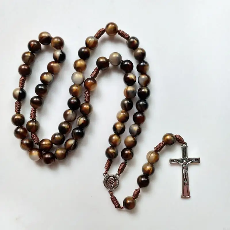 E06b contas marrons rosário colar católico para cruz religiosa longa corrente artesanal contas acrílico colar ornamentos