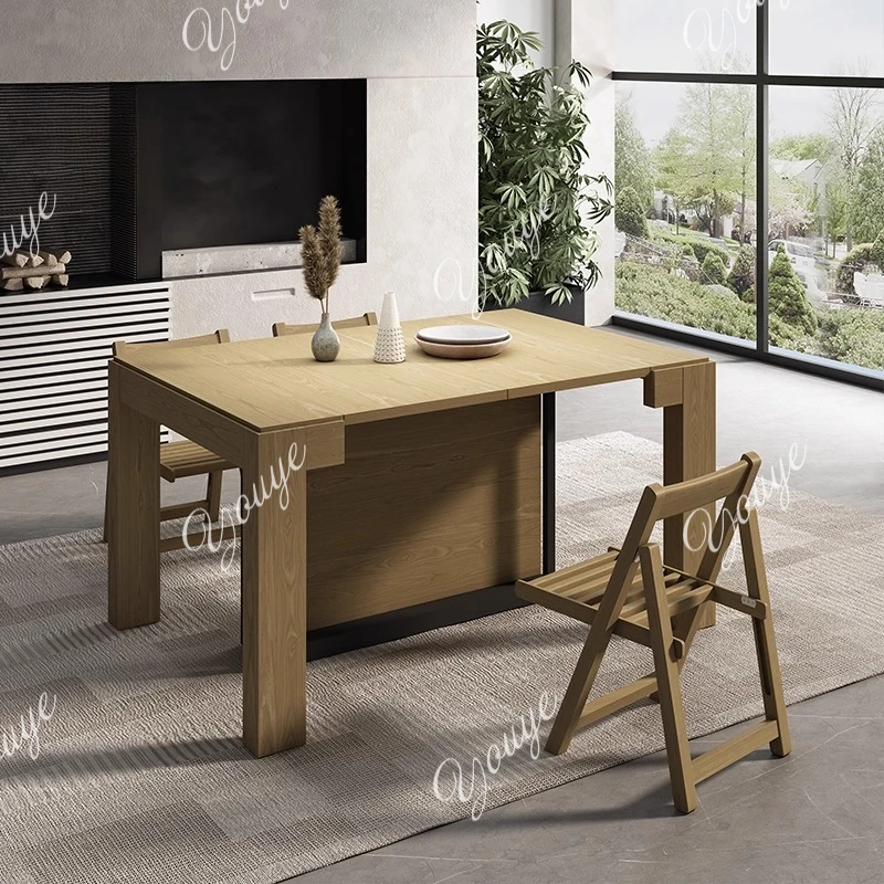 

Solid wood folding retractable dining table can be pulled and stretched small apartment island invisible dining table and chairs