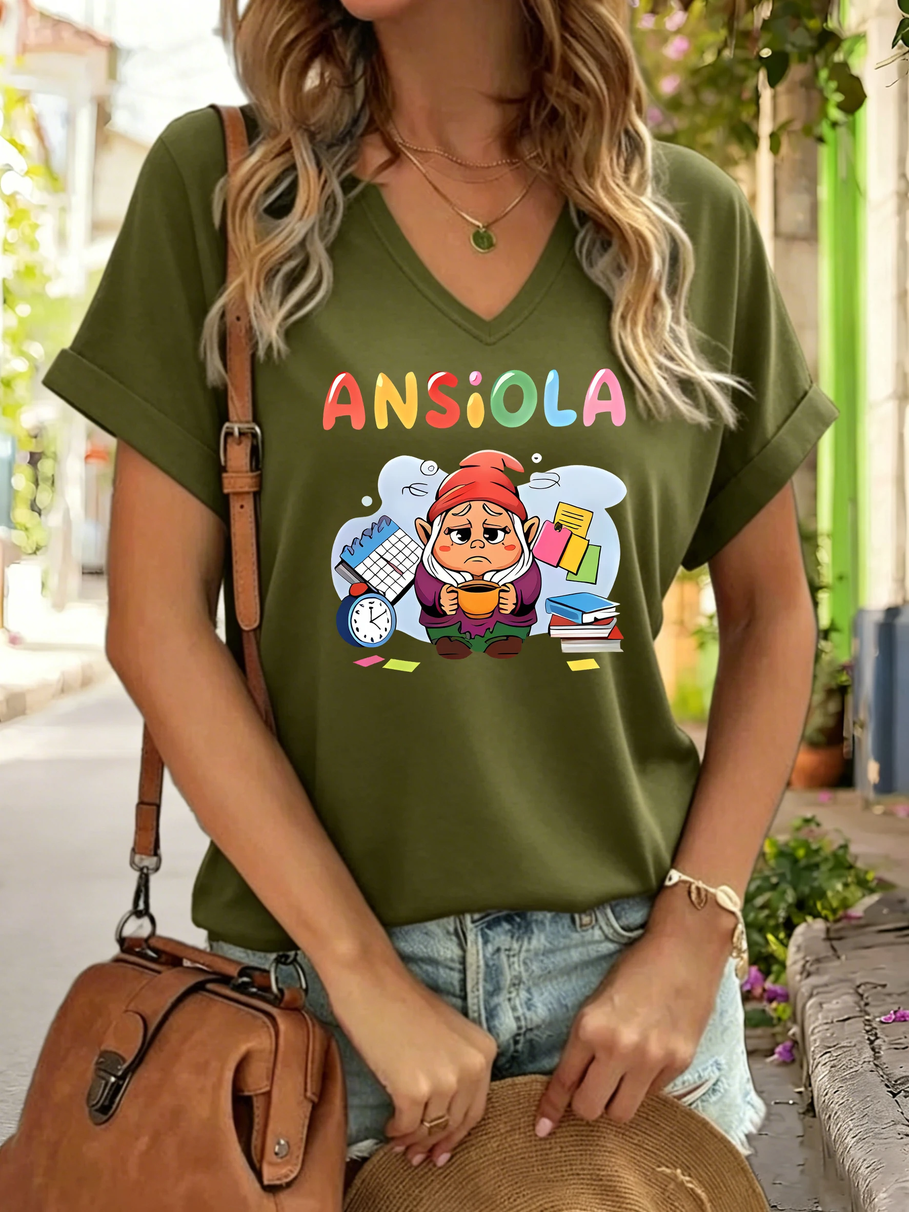 Women Summer Notch V Neck Short Sleeve T-Shirt, Colorful Ansiola Letter And Stressed Gnome Cartoon Graphic Print Casual Tee