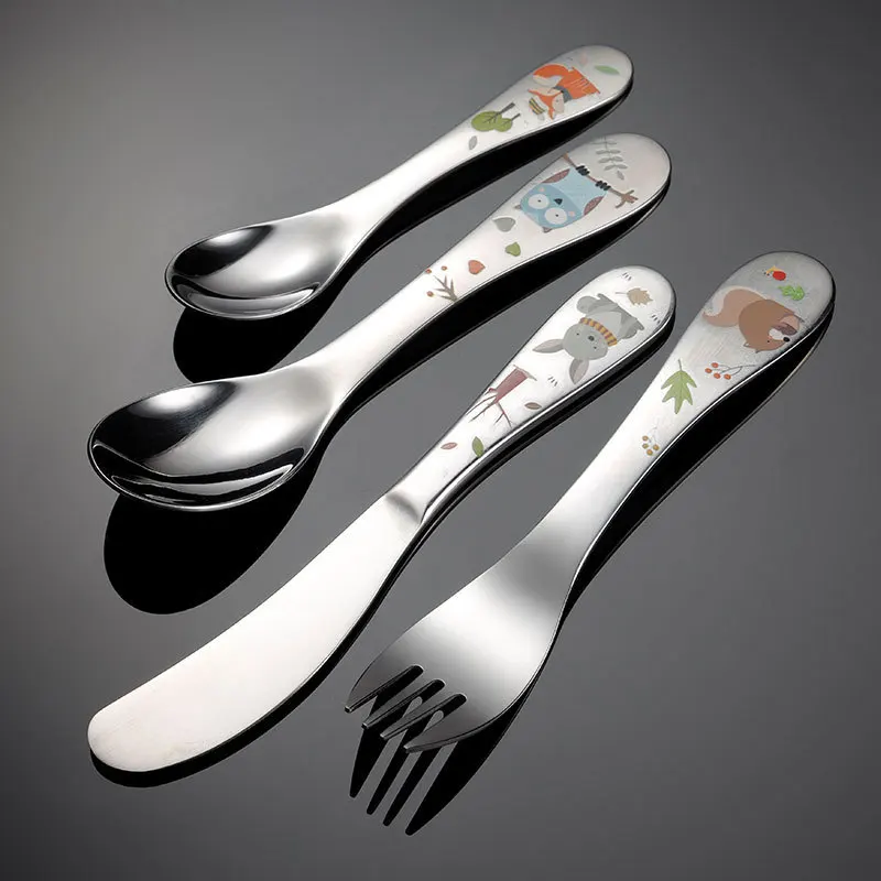 Cartoon 304 Stainless Steel Cutlery Set for Kids Four Pieces Western Dining Dessert Coffee Spoon Fork Baking Flower Craft