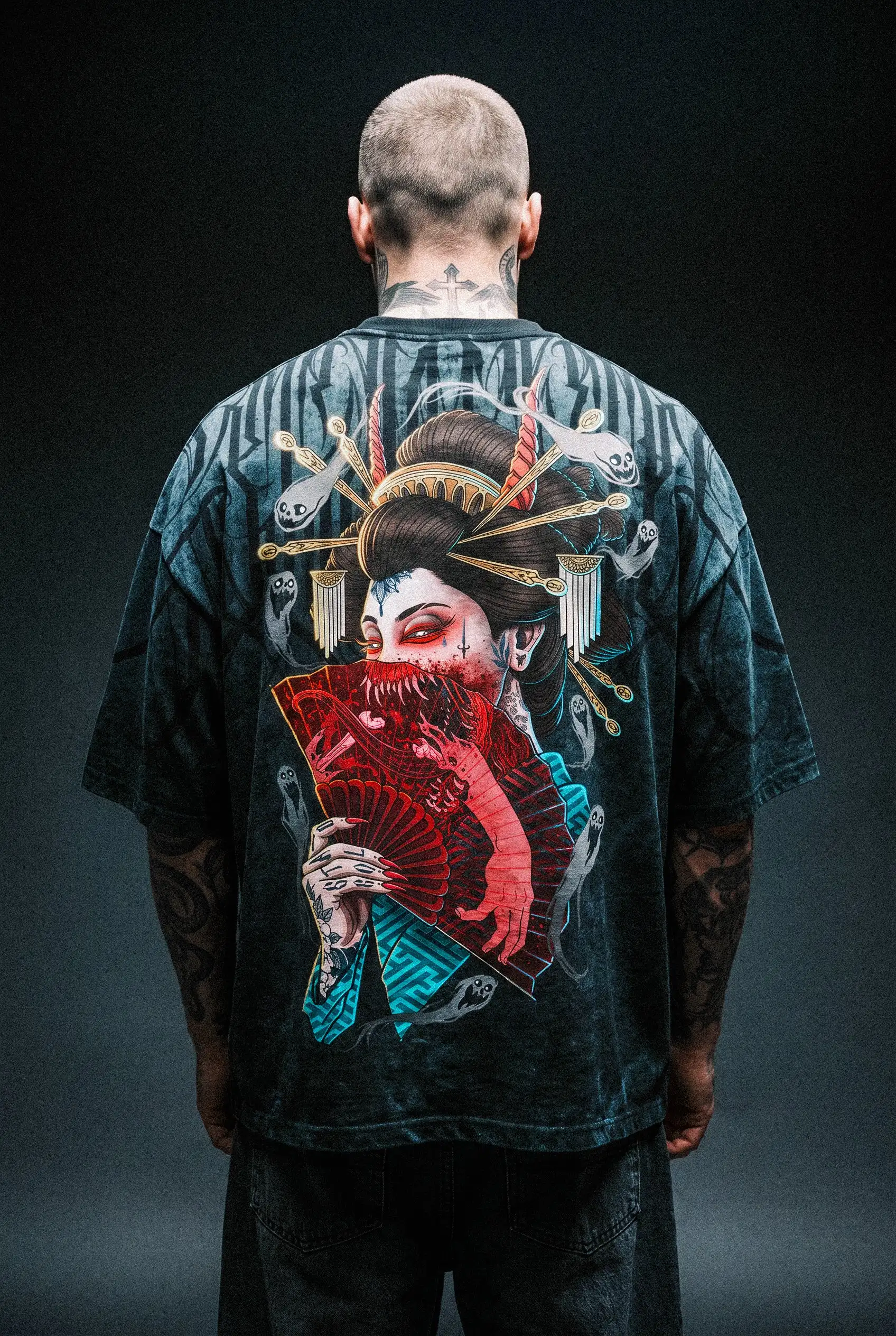 Japanese Demon Geisha Ghost Fan Large Back Print Crewneck Textured Loose Short Sleeve T-Shirt Y2K Streetwear Unisex Casual Tee