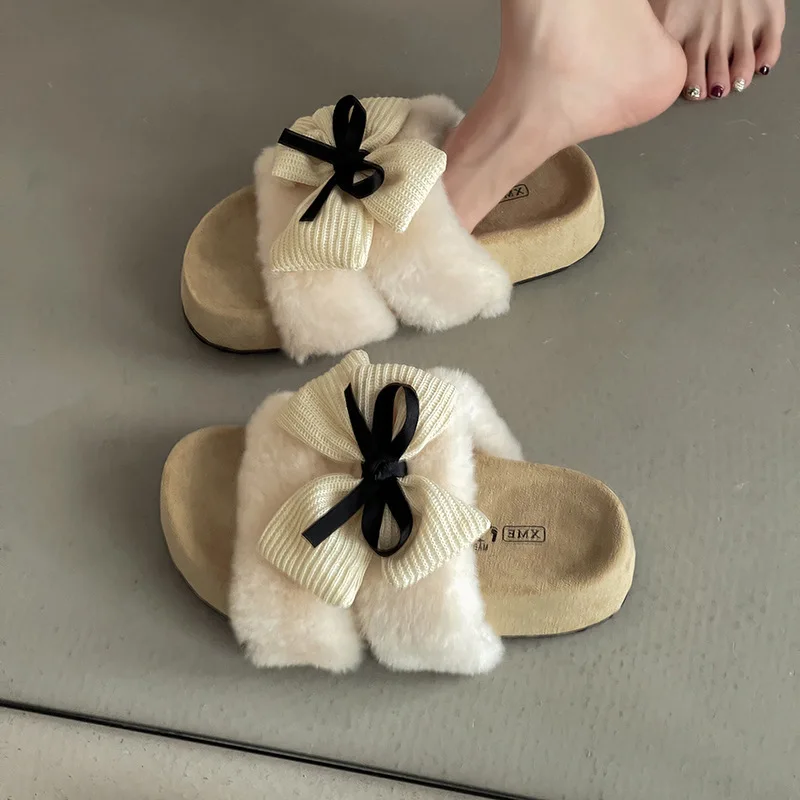 

Women's Flat Cute Furry Slippers Autumn Warm Comfortable Retro Bow Anti Slip Cartoon Slip On Cotton Slippers