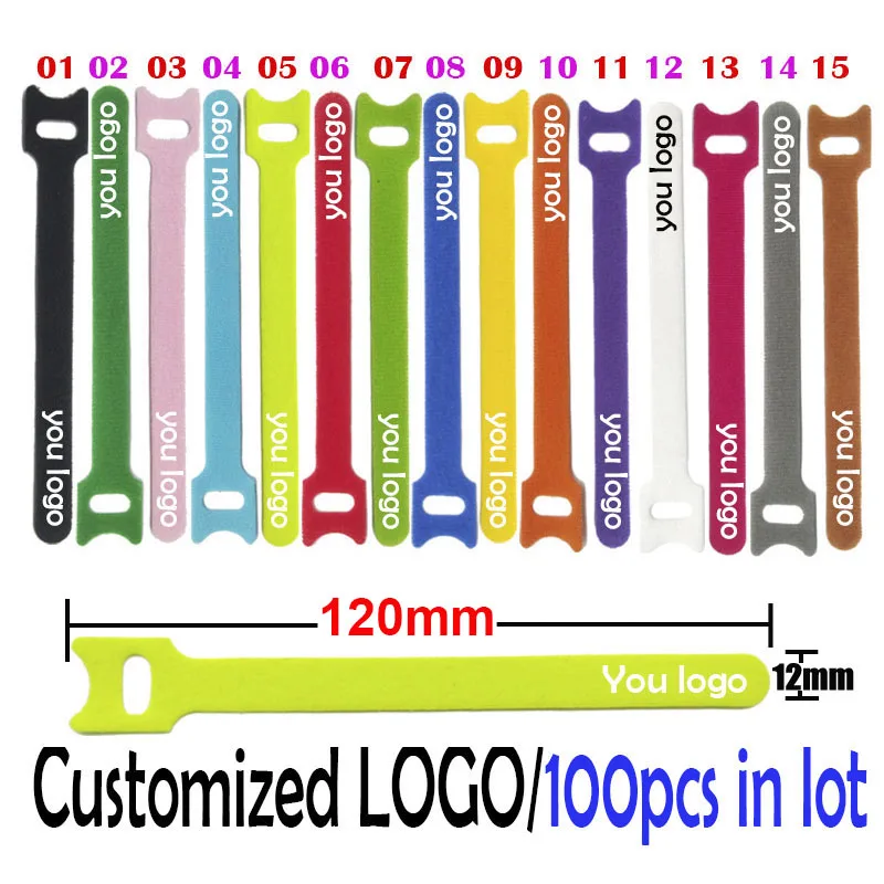 

100PCS/LOT 120mm Customized LOGO nylon Reverse buckle hook loop fastener cable ties strap sticky Line finishing print your logo