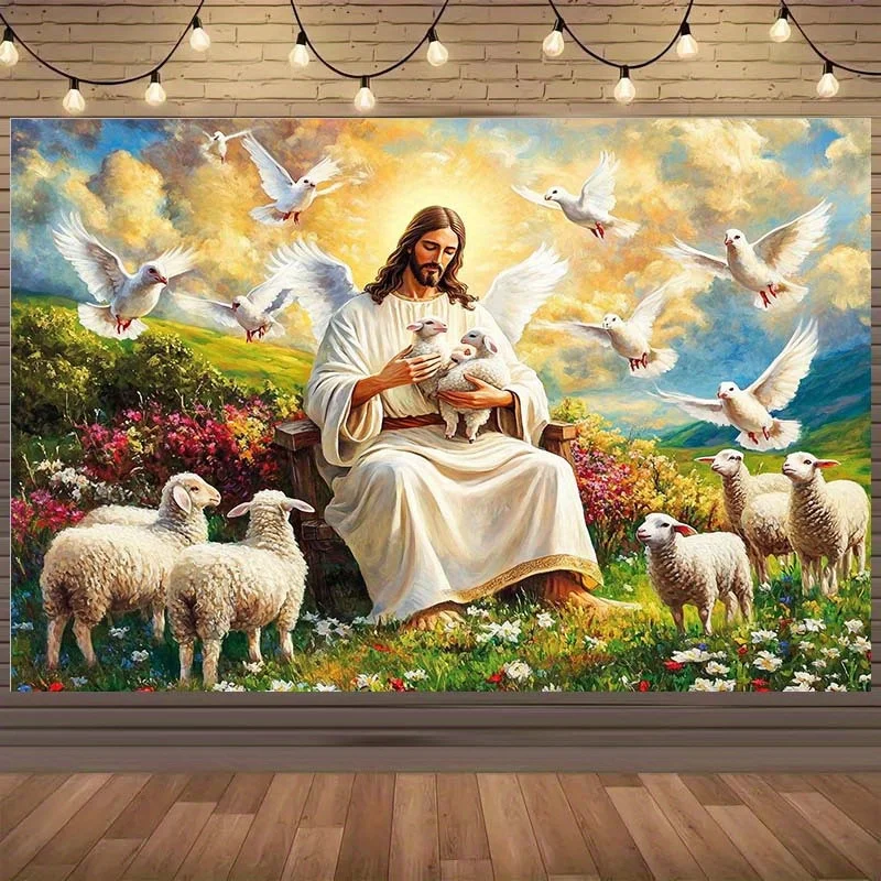 Heavenly Kingdom Tapestry Jesus with Dove Lamb and Floral Landscape Wall Decor Religious Backdrop for Baptism First Communion