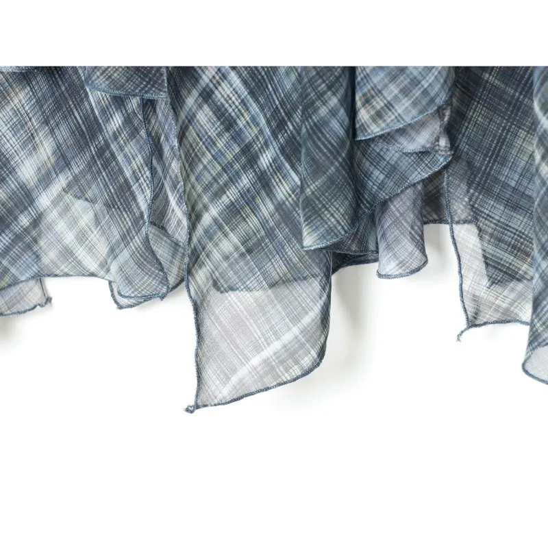 Spring Summer Women Asymmetric Check Midi Skirt Casual High Waist Women's Side Zip Lady Skirts with Gathers Female Chic Skirts