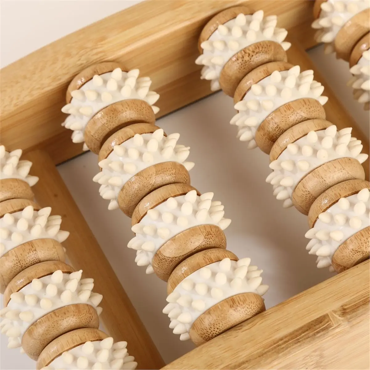 Wooden Foot Massager Deep Reflexology with 50 Double Textured Rollers Non-Slip Base for Plantar Fasciitis Relief