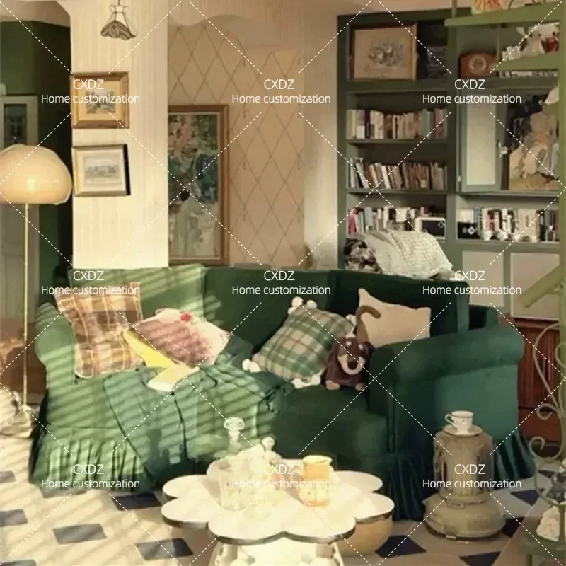 Retro Removable Washable 3 Seater Lazy Sofa Curved Skirt Fabric Couch Green Idyllic Living Room Furniture