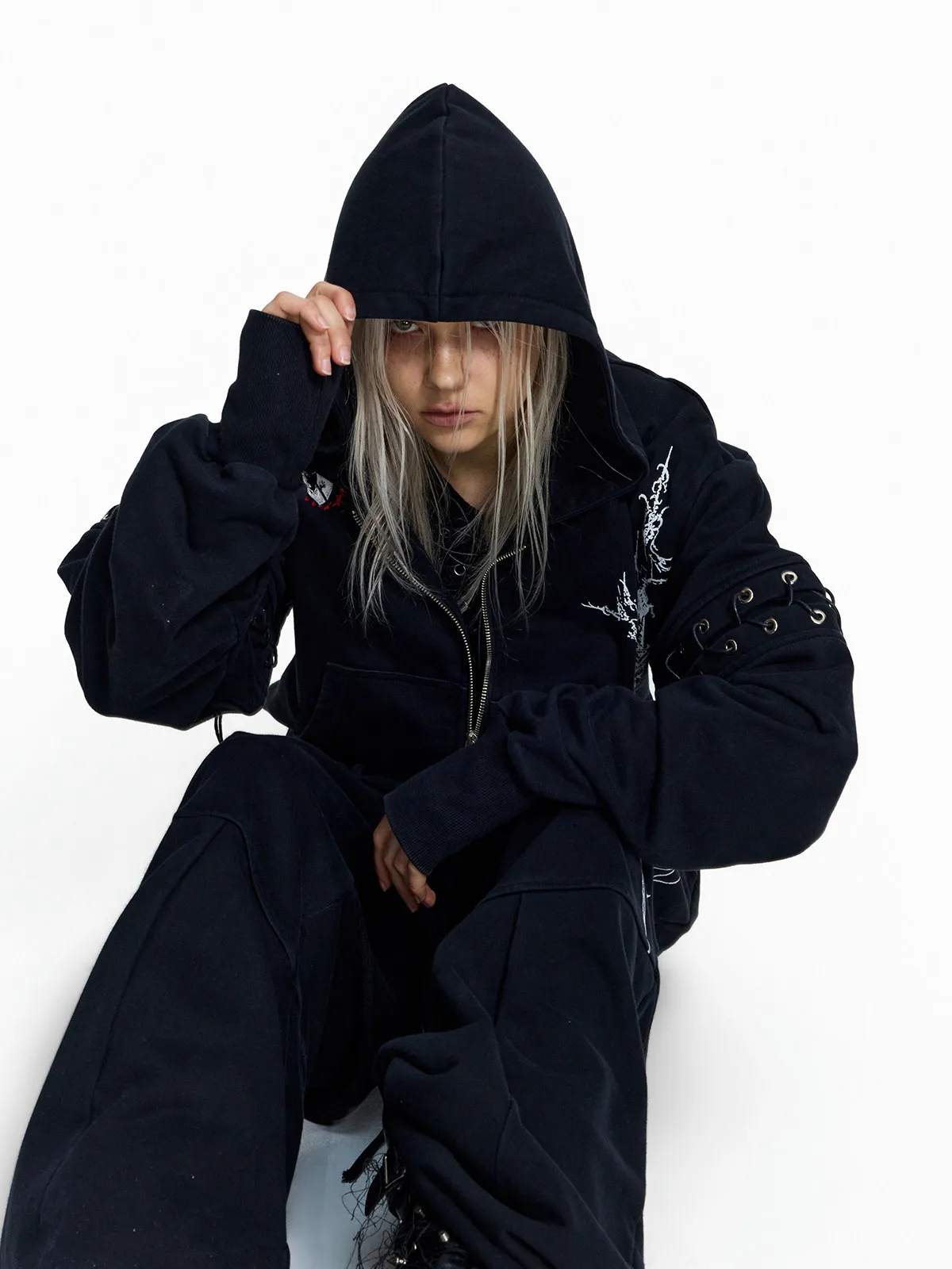 Punk Style Short Wax Rope Strap Sleeve Zipper Hoodie Subcultural Hooded Sweatshirt Cardigan Coat Men and Women