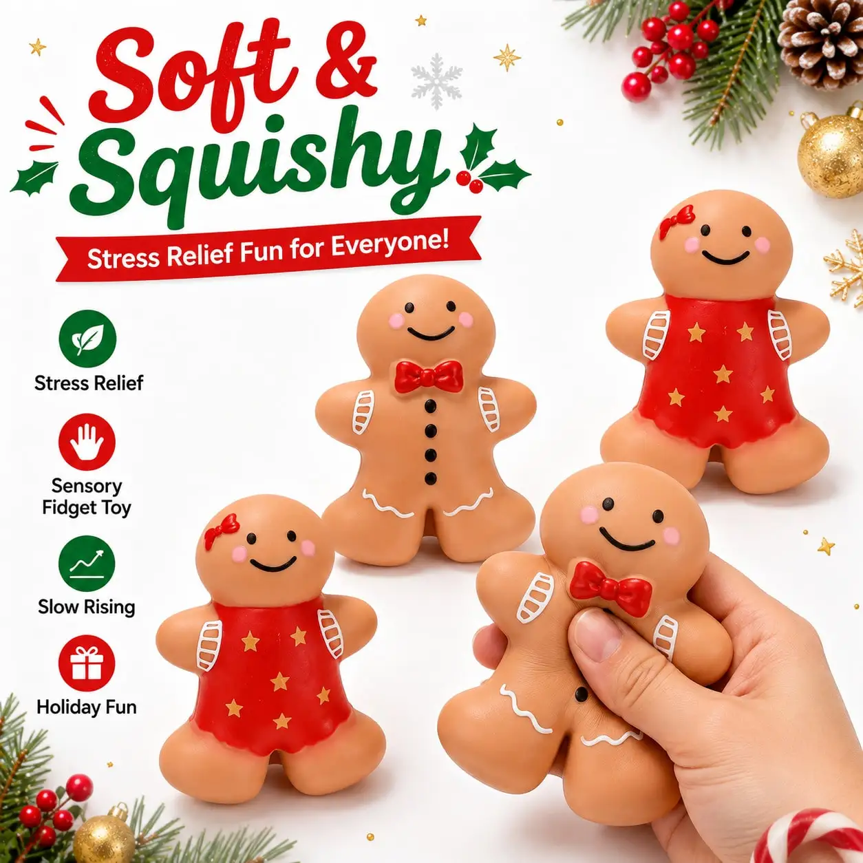 1PC Xmas Gingerbread Man Slow Rise Squishy Sensory Stress Relief Toy for Decor Advent Stocking Stuffer Party Gift Teens & Adults