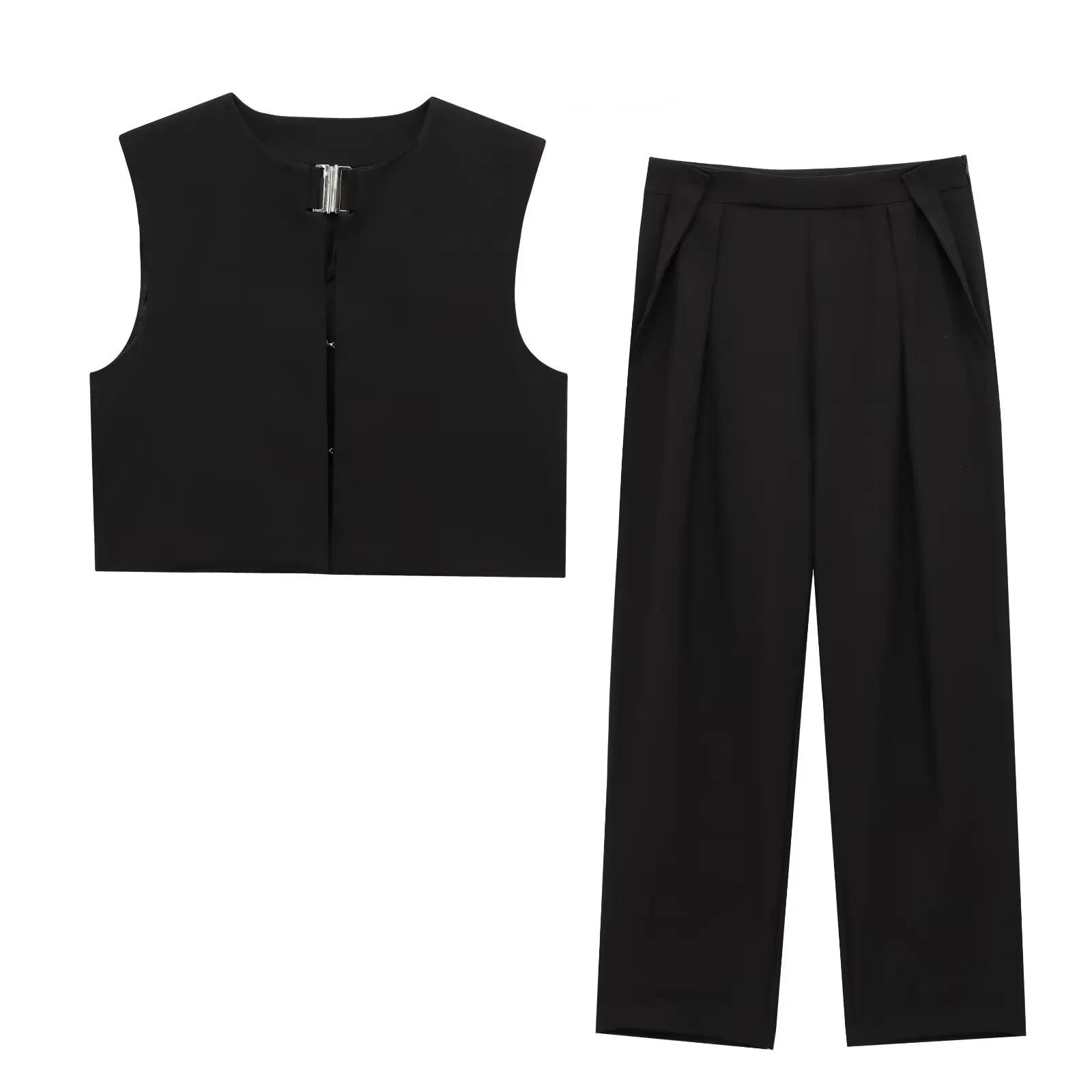 PB&ZA Top corto da donna senza maniche con bottoni sul davanti e pantaloni a gamba larga a vita alta Set da due pezzi per la moda estiva