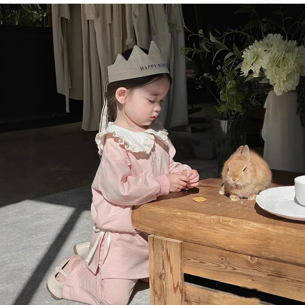Korean Girls Set 2026 Spring Autumn New Sweet Lace Collar Hoodie Baby Girl Skirt Pants Two Piece Set